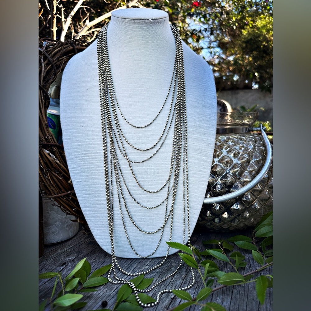 Thin, long silver layered ball chain necklace